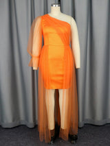 Orange Evening Dresses One Shoulder Irregular See Through Sheer Long Sleeve