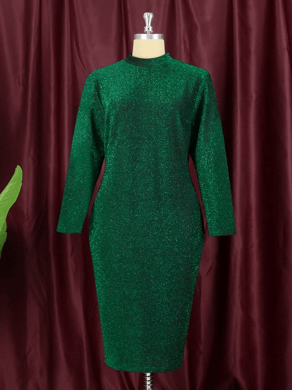 AOMEI Green Long Sleeve Midi Shiny Dress