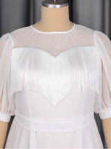 AOMEIDRESS Women Elegant Chiffon Dress O Neck Puff Sleeve Tassel