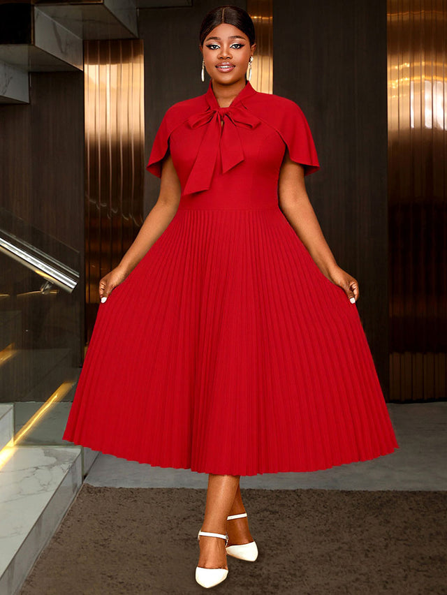 AOMEIDRESS A Line Pleated Dress Cape Sleeve Bow Collar Church Gowns Red / L