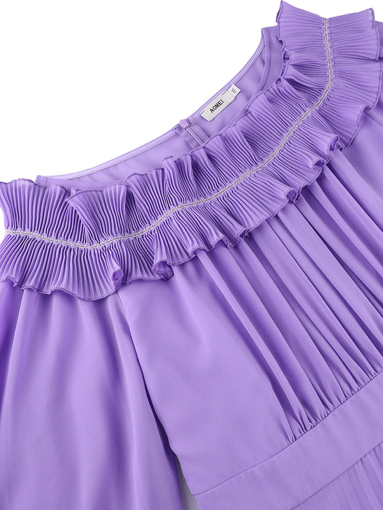 AOMEIDRESS A Line Pleated Chiffon Dress Off The Shoulder Puff Sleeves