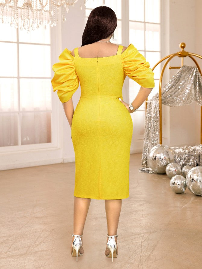 high waist bodycon yellow dress