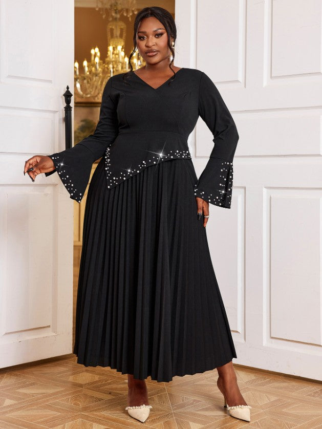 AOMEIDRESS Beading Pleated A Line Dress V Neck Long Flare Sleeve Maxi