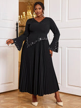 AOMEIDRESS Beading Pleated A Line Dress V Neck Long Flare Sleeve Maxi