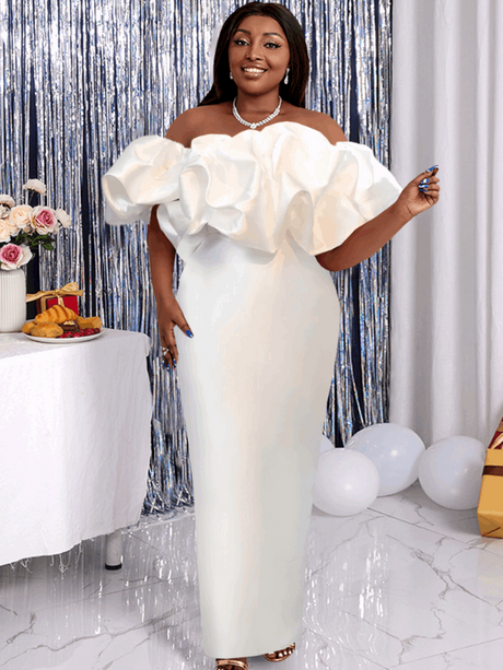 AOMEI  White Off Shoulder Ruffles Long Wedding Dress