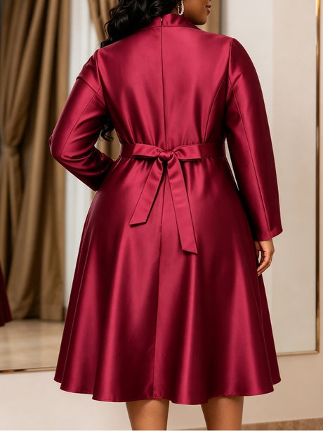 AOMEIDRESS Women Satin A Line Dress Square Collar Beaded Long Sleeve
