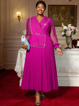 AOMEIDRESS Elegant Pleated Tassel Dress For Evening Long Sheer Sleeve