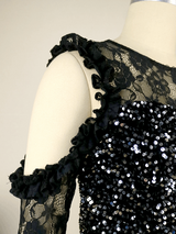 AOMEI Bare Shoulder Vintage Black Lace Sequin Party Dress
