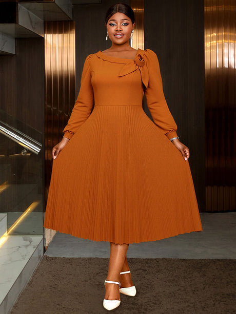 AOMEIDRESS Brown A Line Dress Skew Collar Long Puff Sleeve 3D Flower Brown / S