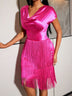 AOMEIDRESS Shiny Rose Satin Slim Dress with Draped Neckline Fringe Rose / S