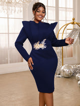 AOMEIDRESS Elegant Midi Embroidery Church Dress Long Sleeve O Neck