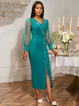 AOMEIDRESS Elegant Beading Wedding Dress Long Sheer Sleeve V Neck Slit