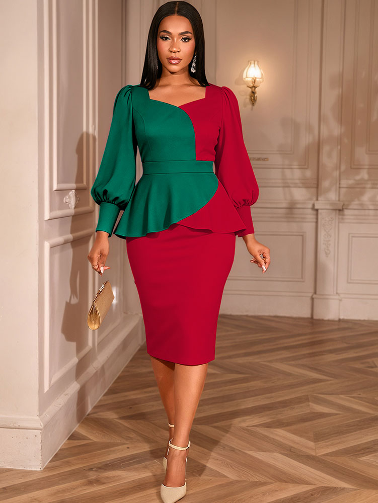 AOMEIDRESS Peplum Colorblock Dress Puff Sleeves Church Office Party