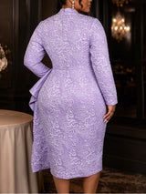 AOMEIDRESS Jacquard Bodycon Dress Mock Neck Long Sleeve Peplum Ruffle