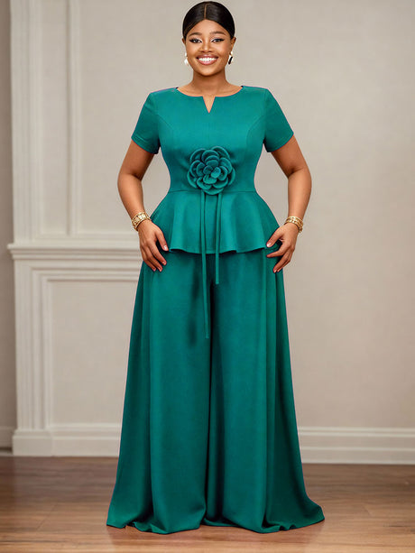 AOMEIDRESS Elegant Two Piece Set 3D Flower Peplum Top Wide Leg Pants LakeGreen / L