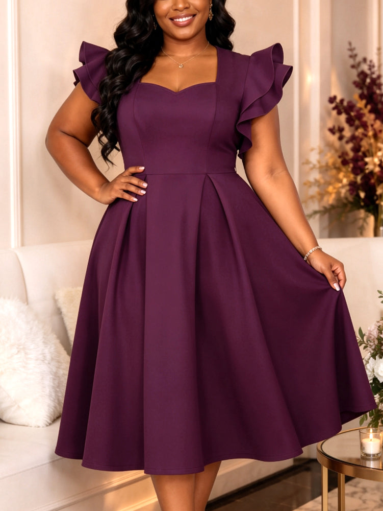 AOMEIDRESS Elegant A Line Midi Dress Sweetheart Neck Ruffle Sleeves