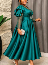 AOMEIDRESS Satin Dress V Neck Sequin Mesh Puff Ruffle Long Sleeve
