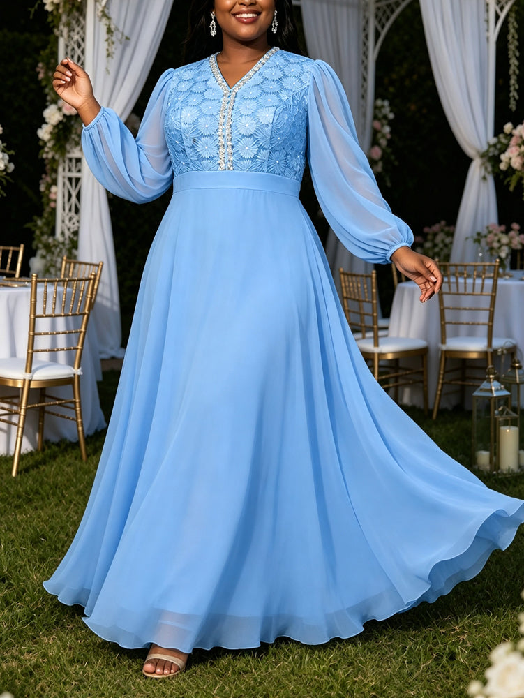 AOMEIDRESS Pleated Chiffon Dress Patchwork Lace Sequin Puff Sleeves