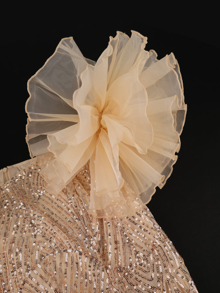 AOMEIDRESS Shiny Sequins Wedding Guest Dresses Slash Neck 3D Ruffles