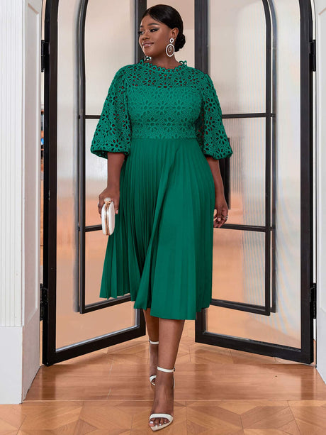 AOMEIDRESS Midi Lace Hollow Out Pleated Plus Size Cocktail Dress Emerald / S