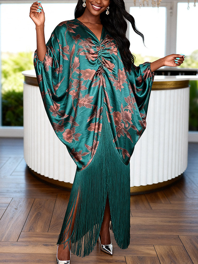 AOMEIDRESS Satin Printer BuBu Dress V Neck Long Batwing Sleeve Fringe
