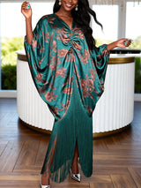 AOMEIDRESS Satin Printer BuBu Dress V Neck Long Batwing Sleeve Fringe