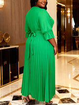 AOMEIDRESS Chiffon Pleated Dress with Layered Ruffles 3D Flower Belt