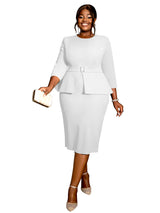 AOMEIDRESS O Neck 3/4 Sleeve Dress High Waist Peplum Bodycon Midi