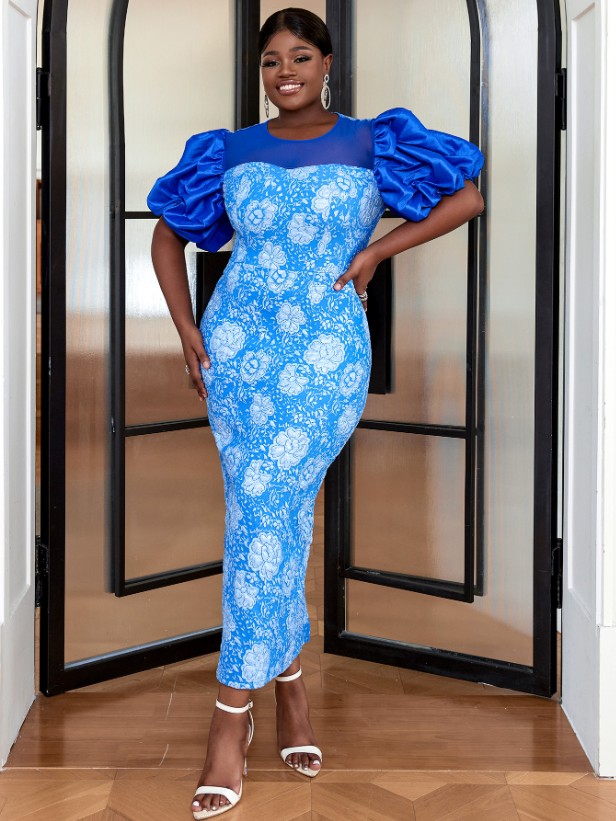 Blue Jacquard Brocade Dress for Women