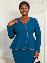 AOMEIDRESS Elegant Women Church Top V Neck Long Sleeves Trim Peplum