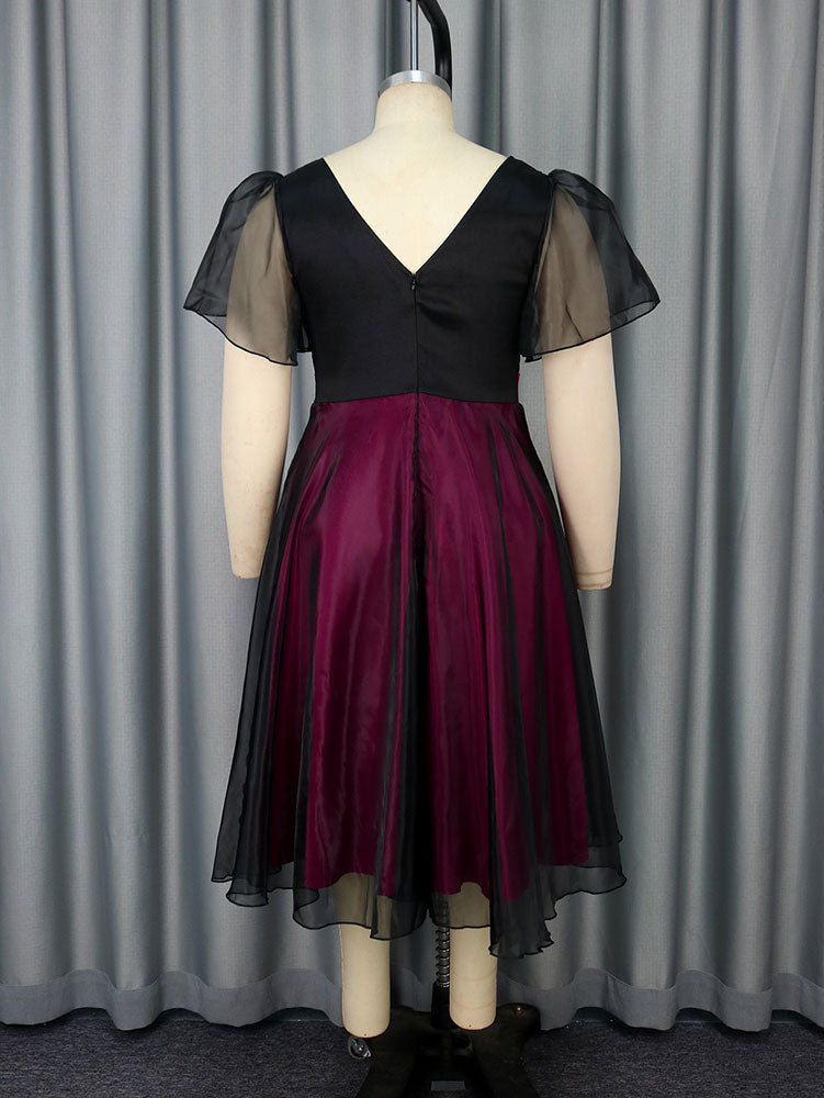 AOMEIDRESS Elegant Colorblock A Line Party Dress V Neck Waist Belt