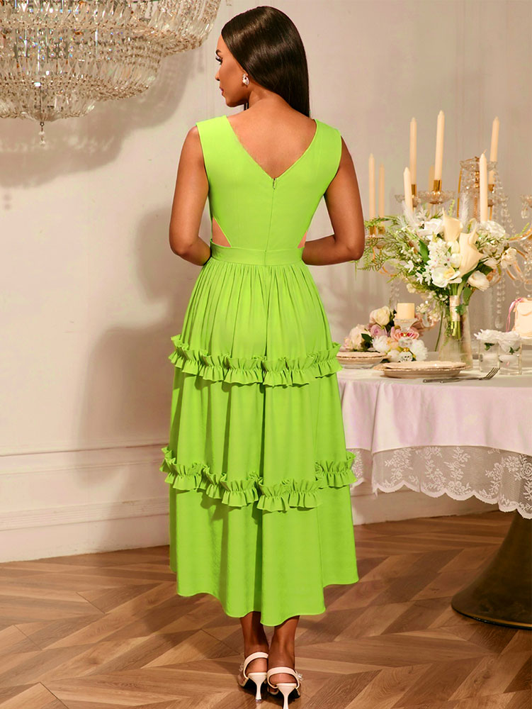AOMEIDRESS A Line Maxi Party Dress Sleeveless Cut Out Ruffle Design