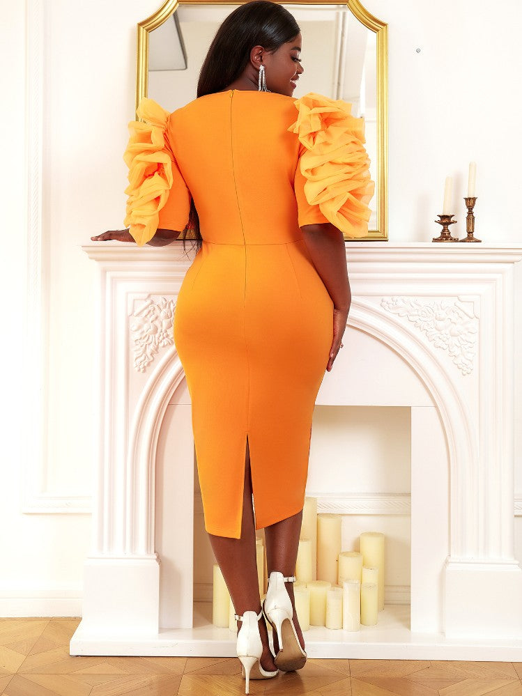 Orange Bodycon Dress, Ruffle Short Sleeve Dress for Ladies