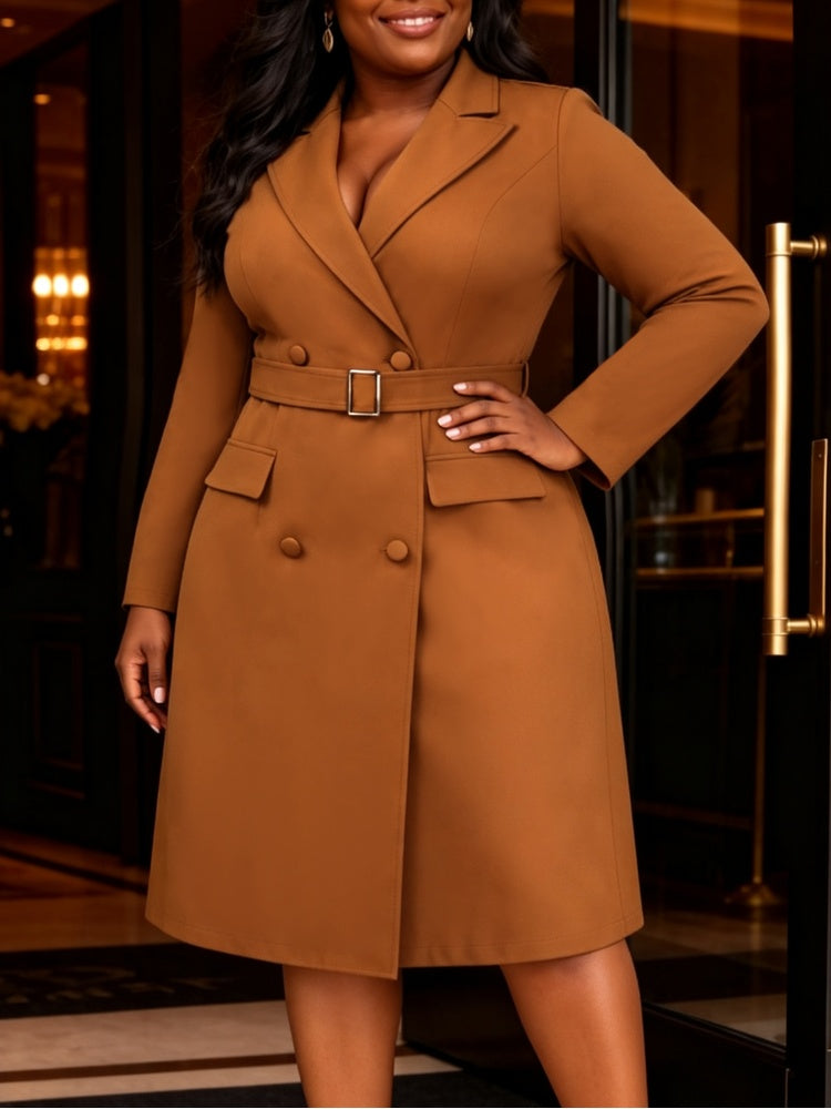 AOMEIDRESS Blazer Midi Dresses Double Breasted Belted Long Sleeves