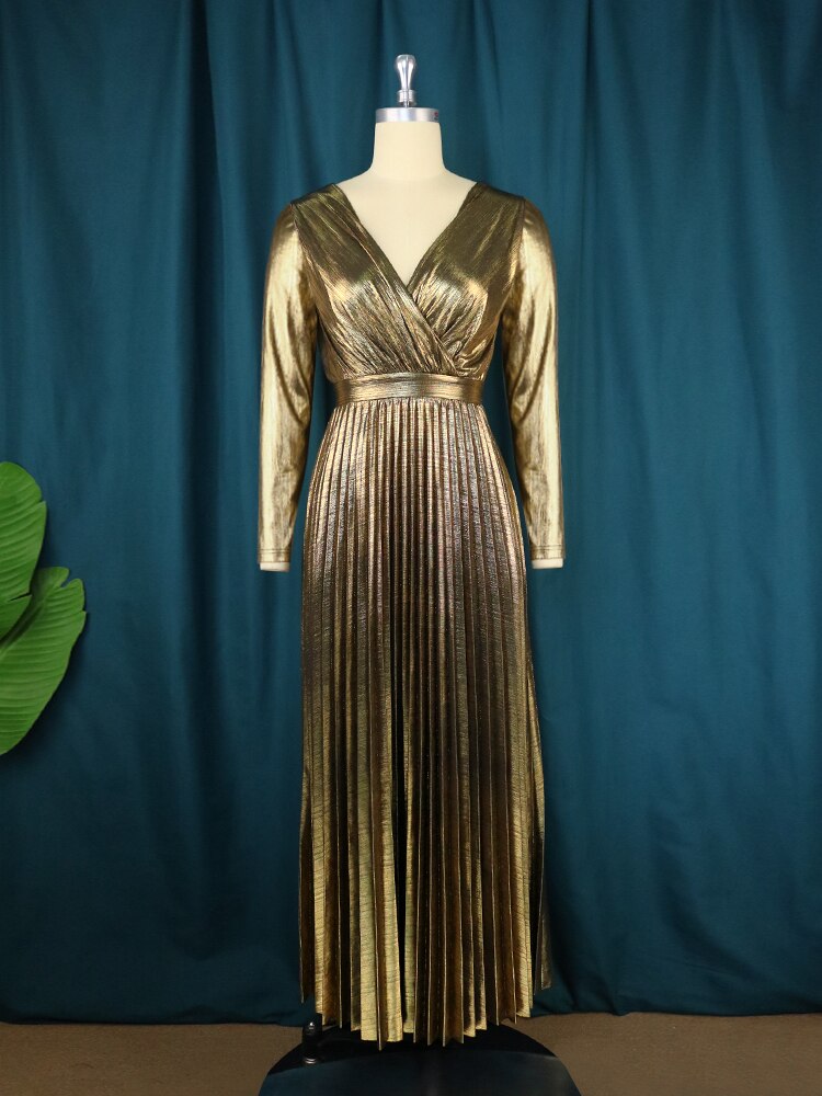 AOMEI Pleated Shiny Vintage Christmas Dress Maxi Gold / S