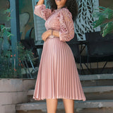 Elegant Church Dresses for Women Lace Hollow Out Patchwork Pleated Female Gowns