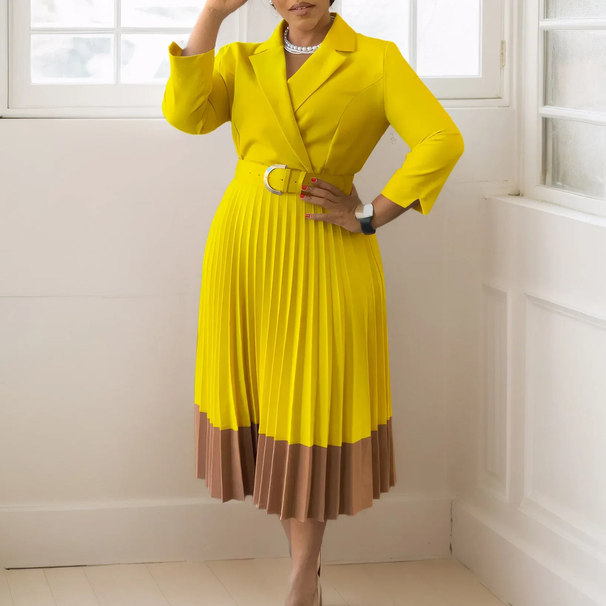 Elegant A-line Pleated Blazer Dresses for Women High Waisted Party Suit