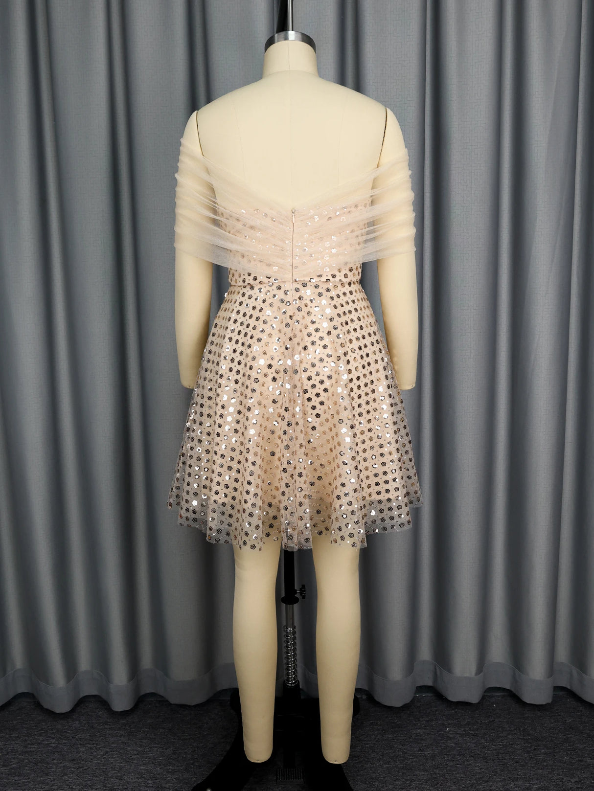 Women's Strapless Off-Shoulder Mesh Capelet Sequin Dress A Line Party Mini Dress