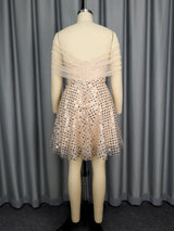 Women's Strapless Off-Shoulder Mesh Capelet Sequin Dress A Line Party Mini Dress