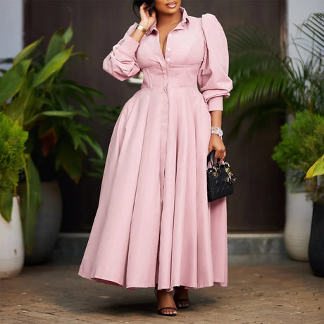 Elegant Shirt Dresses Women Turn Down Collar Long Puff Sleeve
