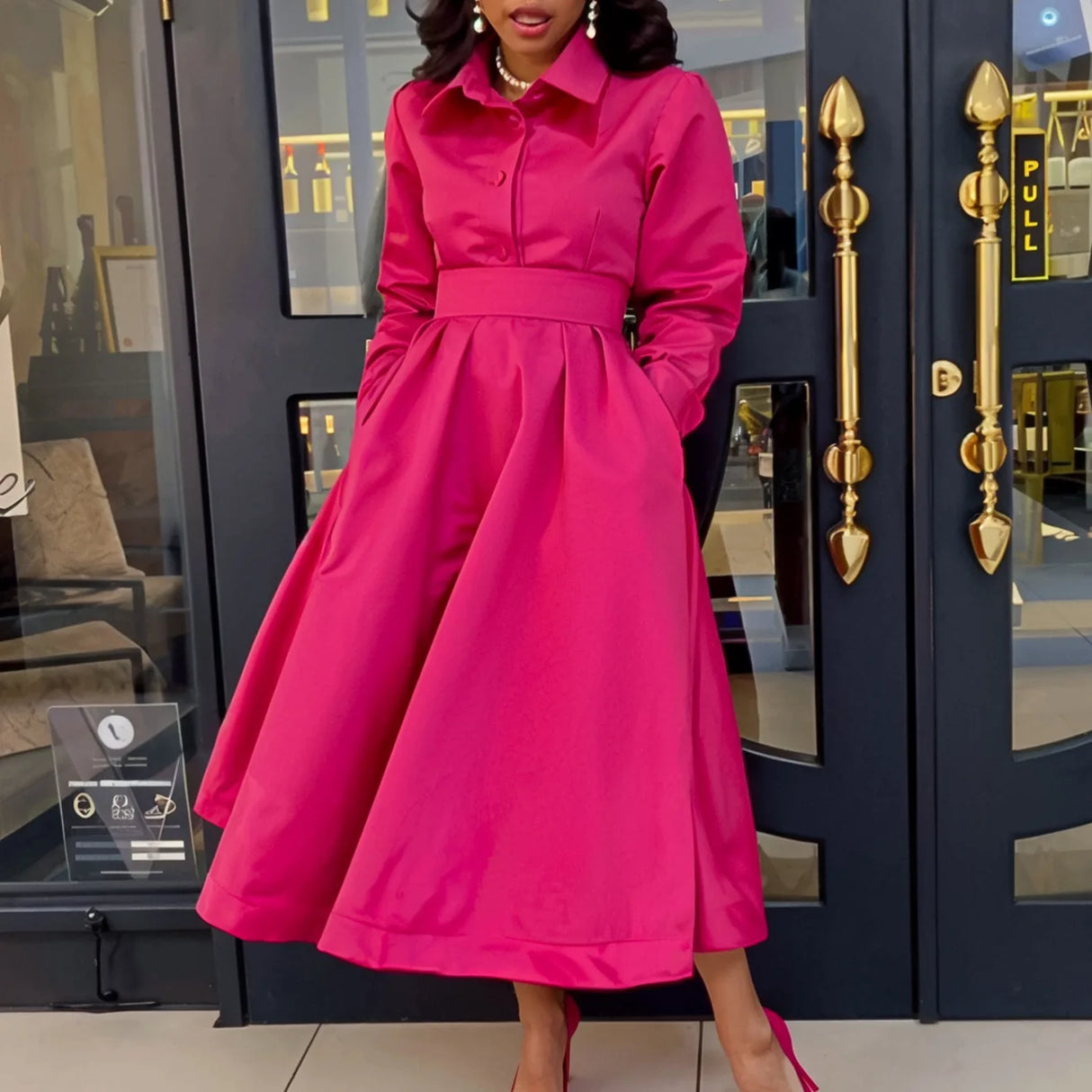 Women Autumn New Item Wrinkled Lapel Long Sleeved A-line Dress