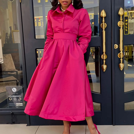 Women Autumn New Item Wrinkled Lapel Long Sleeved A-line Dress