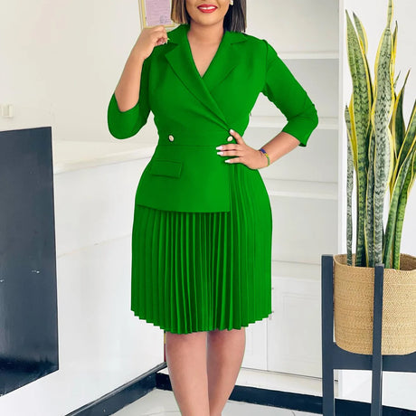 Elegant Dress For Women Notched Collar Three Quarter Sleeve Pleated