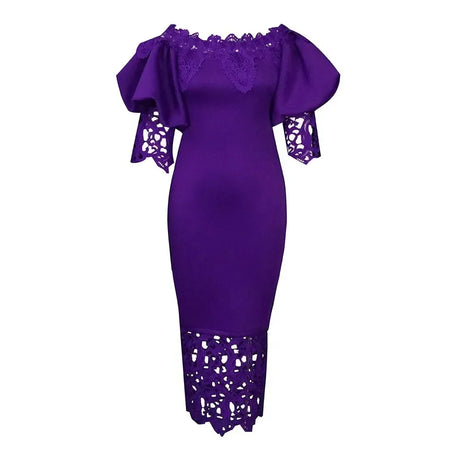 Women Off Shoulder Long Dress Hollow Out Lace High Waisted Bubble Sleeve