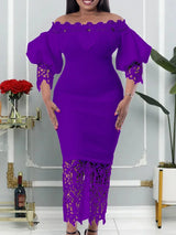Women Off Shoulder Long Dress Hollow Out Lace High Waisted Bubble Sleeve