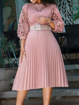 Elegant Church Dresses for Women Lace Hollow Out Patchwork Pleated Female Gowns