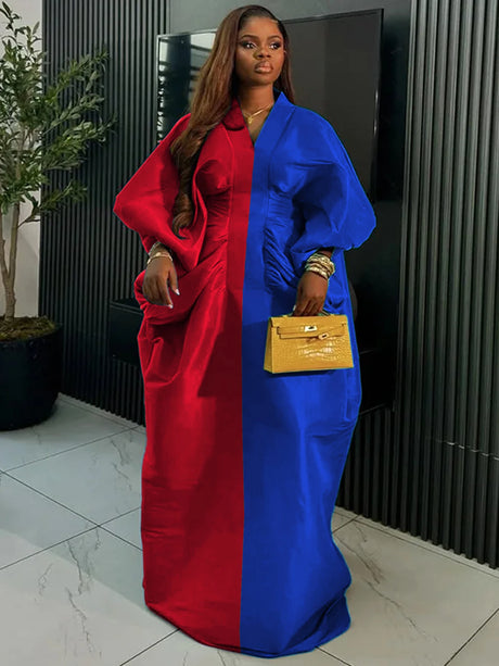 Elegant Women Long Boubou Dresses Pleated Evening V Neck Lantern Sleeve African