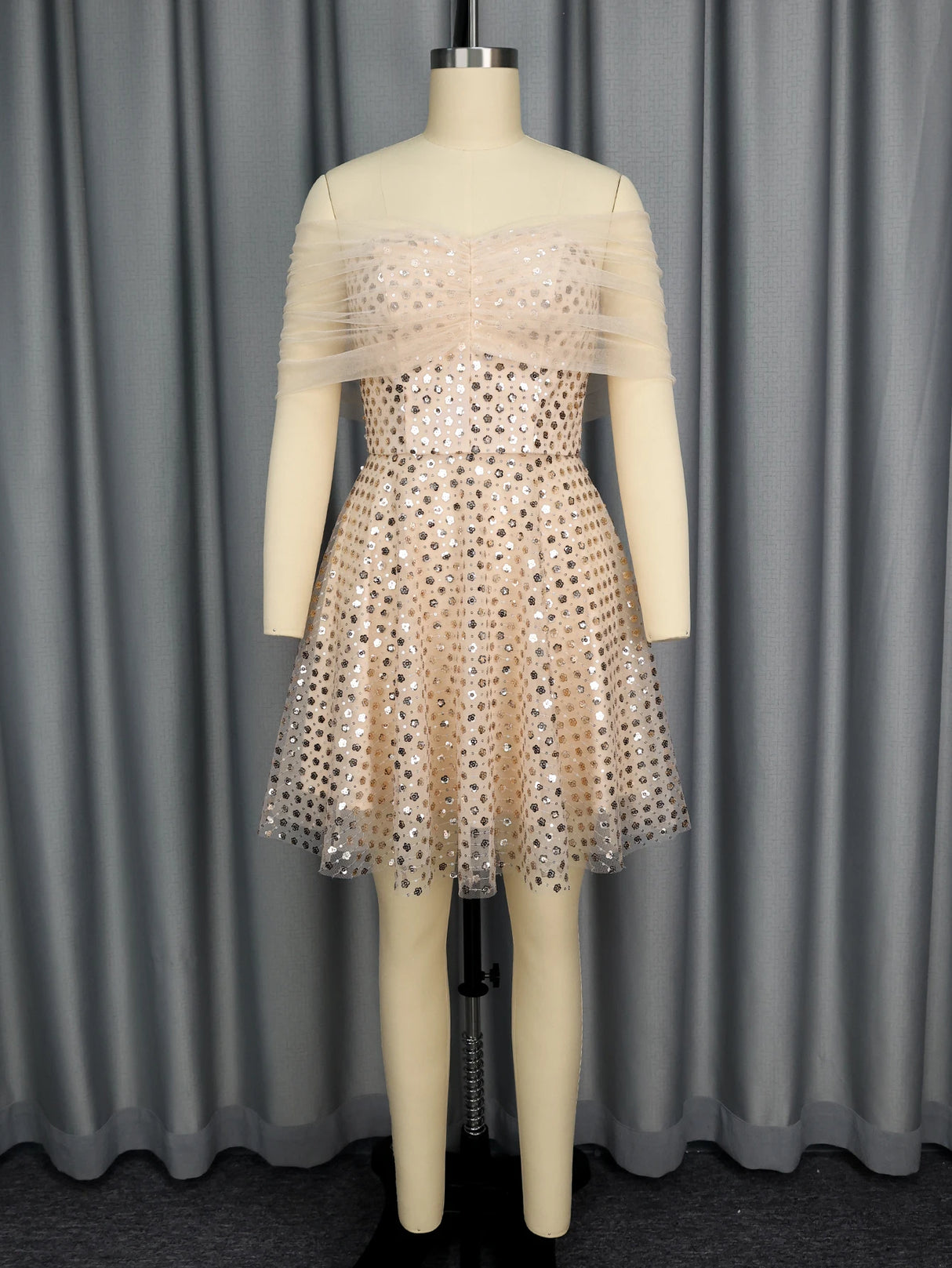 Women's Strapless Off-Shoulder Mesh Capelet Sequin Dress A Line Party Mini Dress