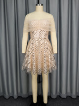 Women's Strapless Off-Shoulder Mesh Capelet Sequin Dress A Line Party Mini Dress