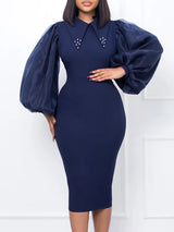 Women Long Lantern Sleeves Dress Turn Down Collar Autumn Fashion